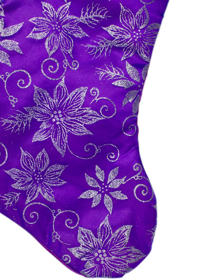 20Inch Purple and Silver Glittered Floral Christmas Stocking with Shadow Velveteen Cuff