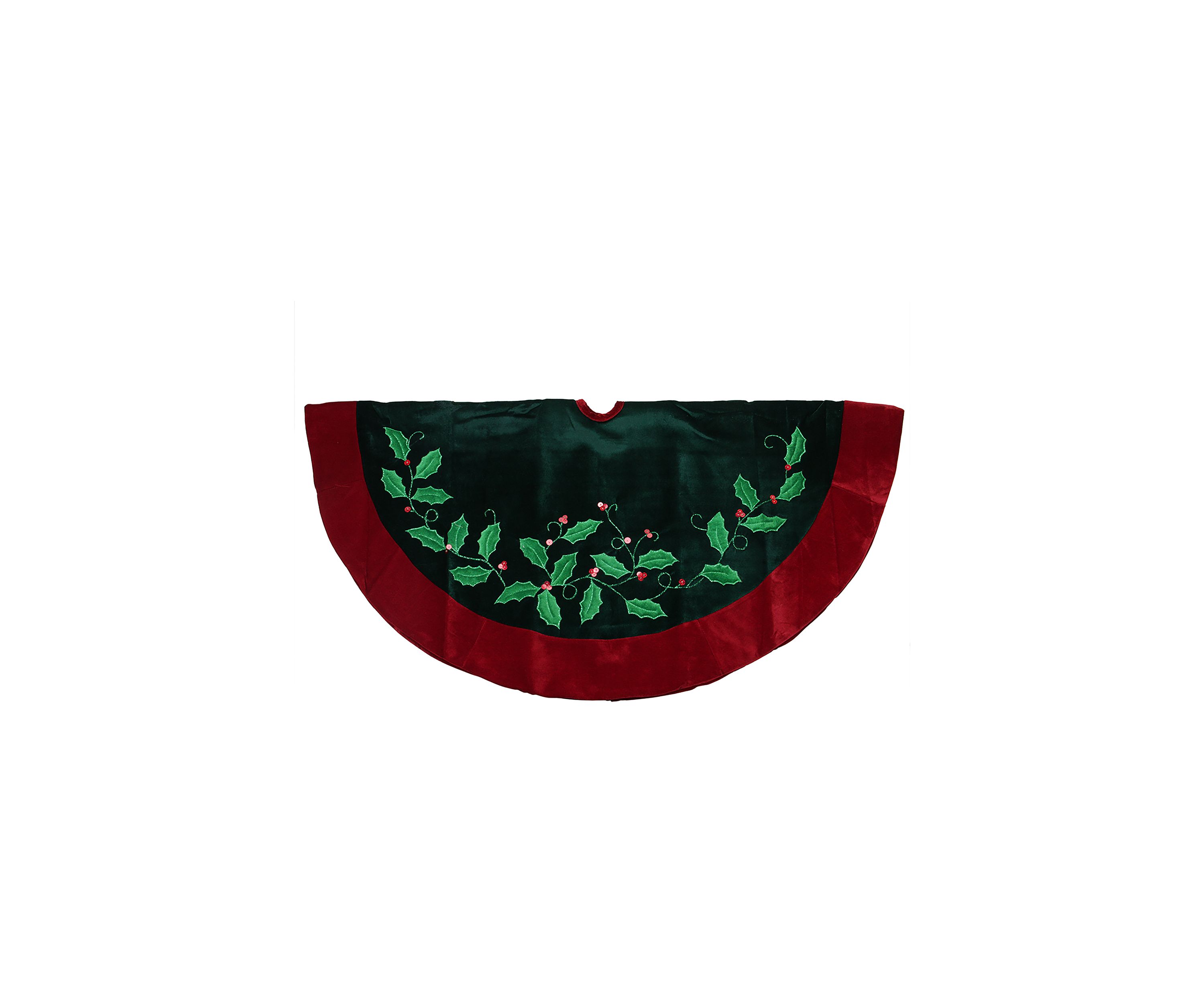48" Dark Green and Burgundy Holly Berry Velveteen Christmas Tree Skirt