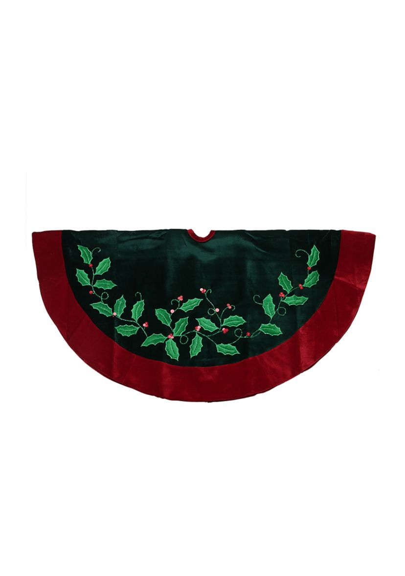48" Dark Green and Burgundy Holly Berry Velveteen Christmas Tree Skirt