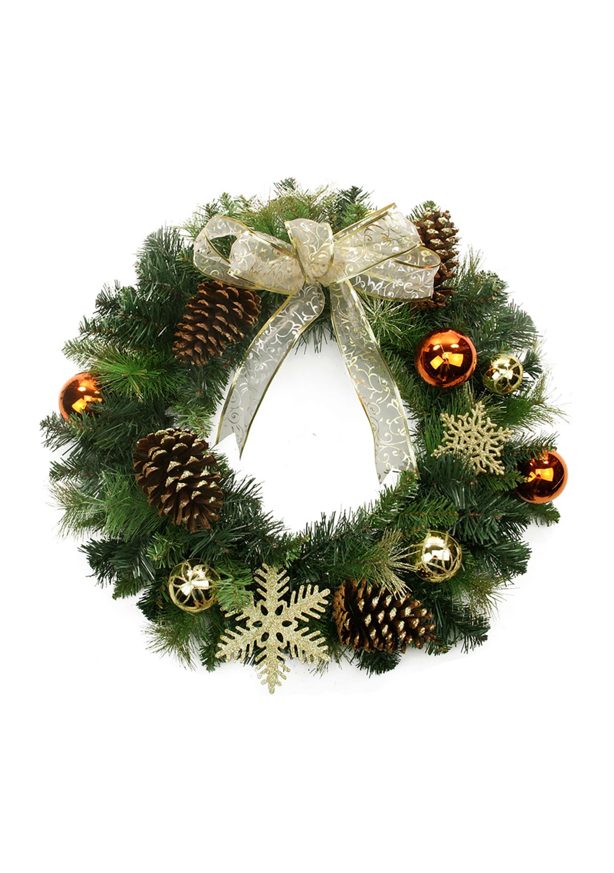 Pre-Decorated Ball Ornaments and Bow Artificial Christmas Wreath  24-Inch  Unlit