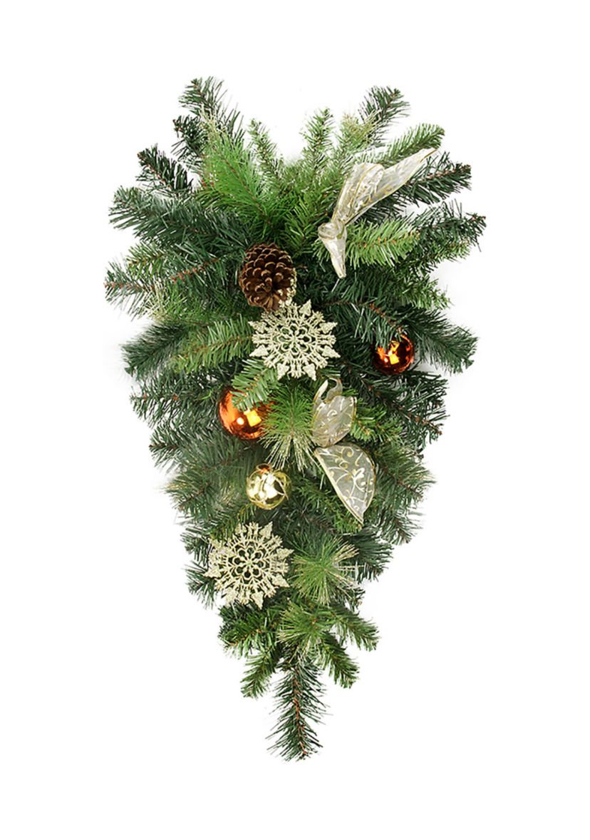 26Inch Pre-Decorated Ball Ornaments and Bows Artificial Christmas Teardrop Swag  Unlit