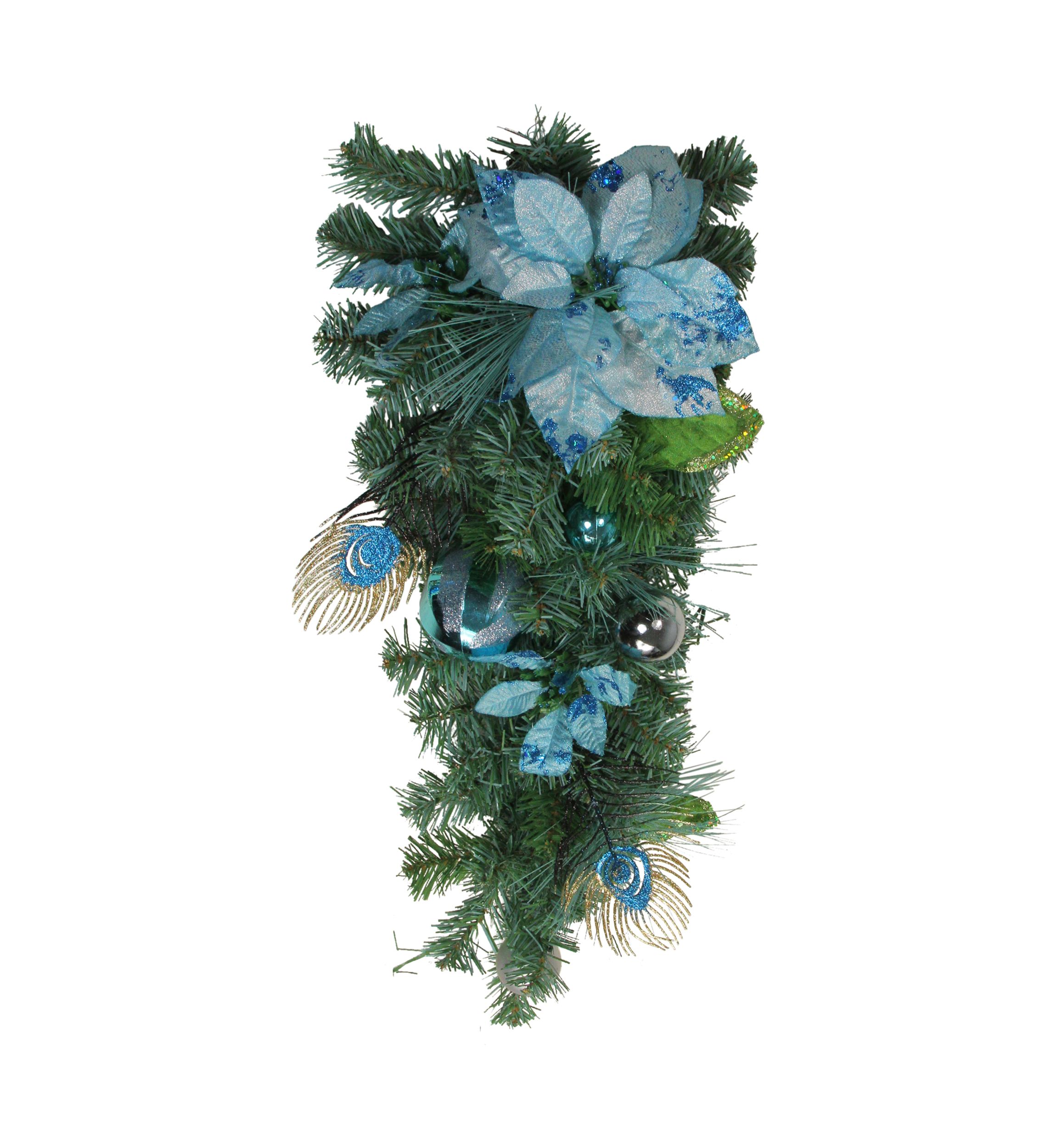 22Inch Peacock Feather and Poinsettia Artificial Christmas Teardrop Swag  Unlit