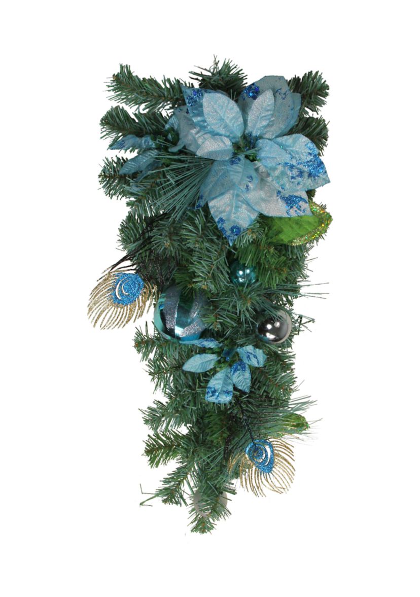 22Inch Peacock Feather and Poinsettia Artificial Christmas Teardrop Swag  Unlit
