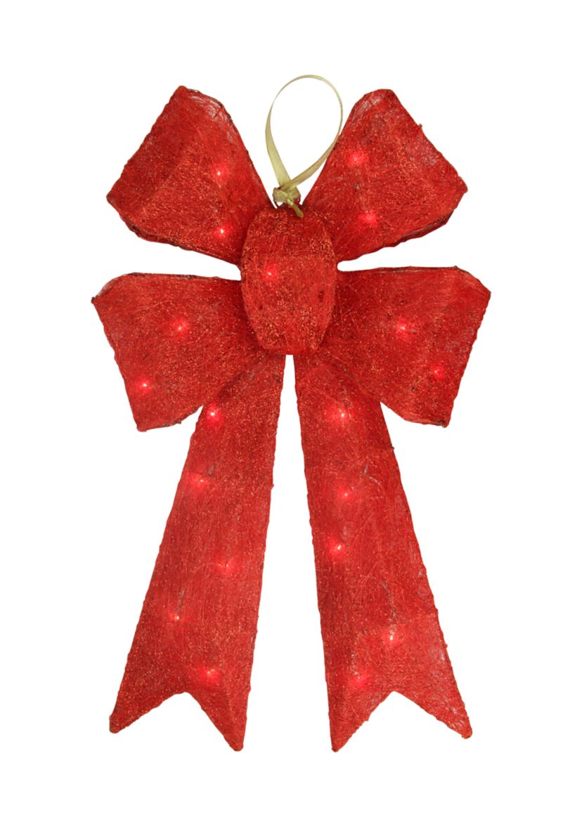 24Inch Lighted Sparkling Red Sisal Double Bow Outdoor Christmas Decoration