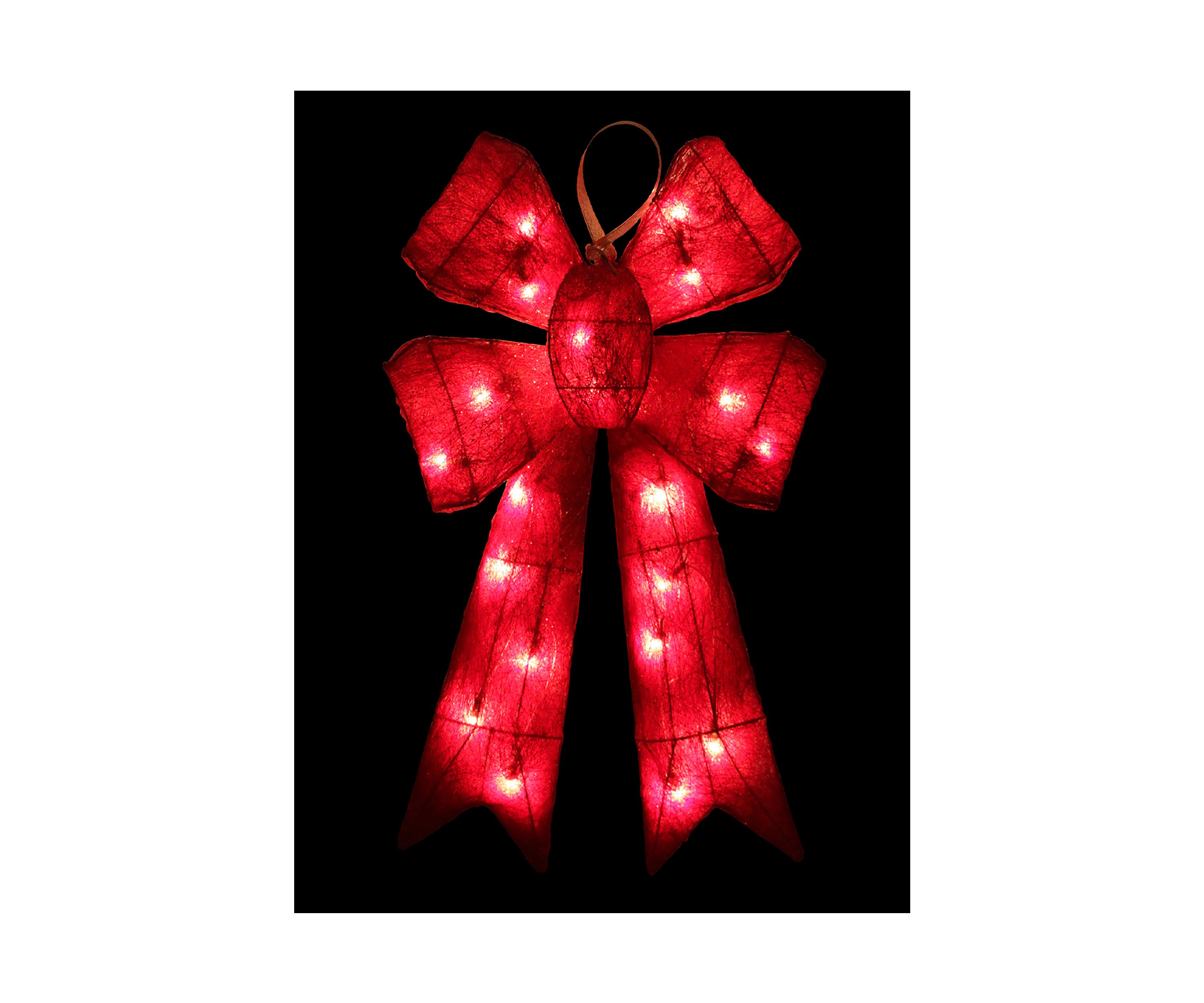 24Inch Lighted Sparkling Red Sisal Double Bow Outdoor Christmas Decoration