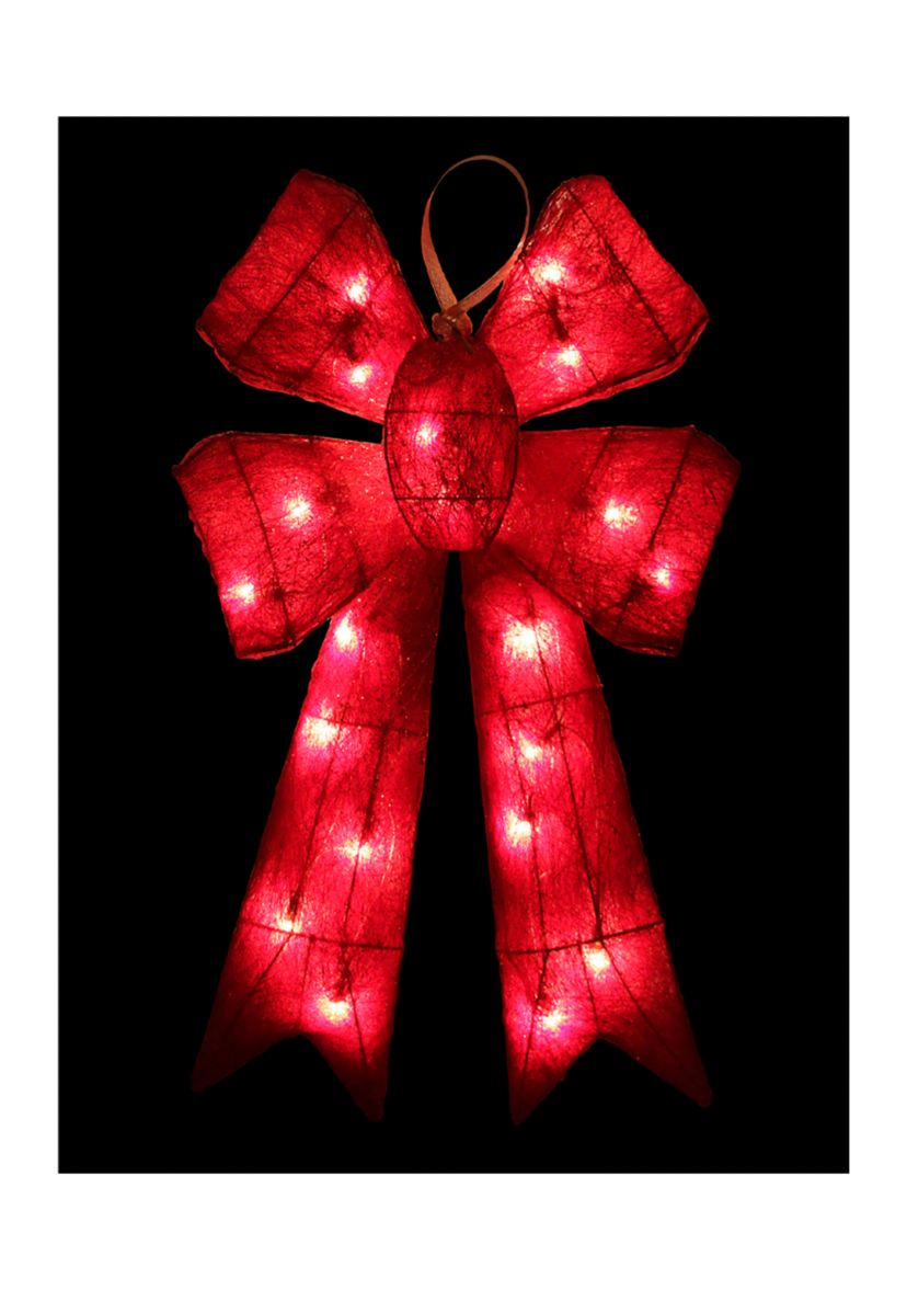 24Inch Lighted Sparkling Red Sisal Double Bow Outdoor Christmas Decoration