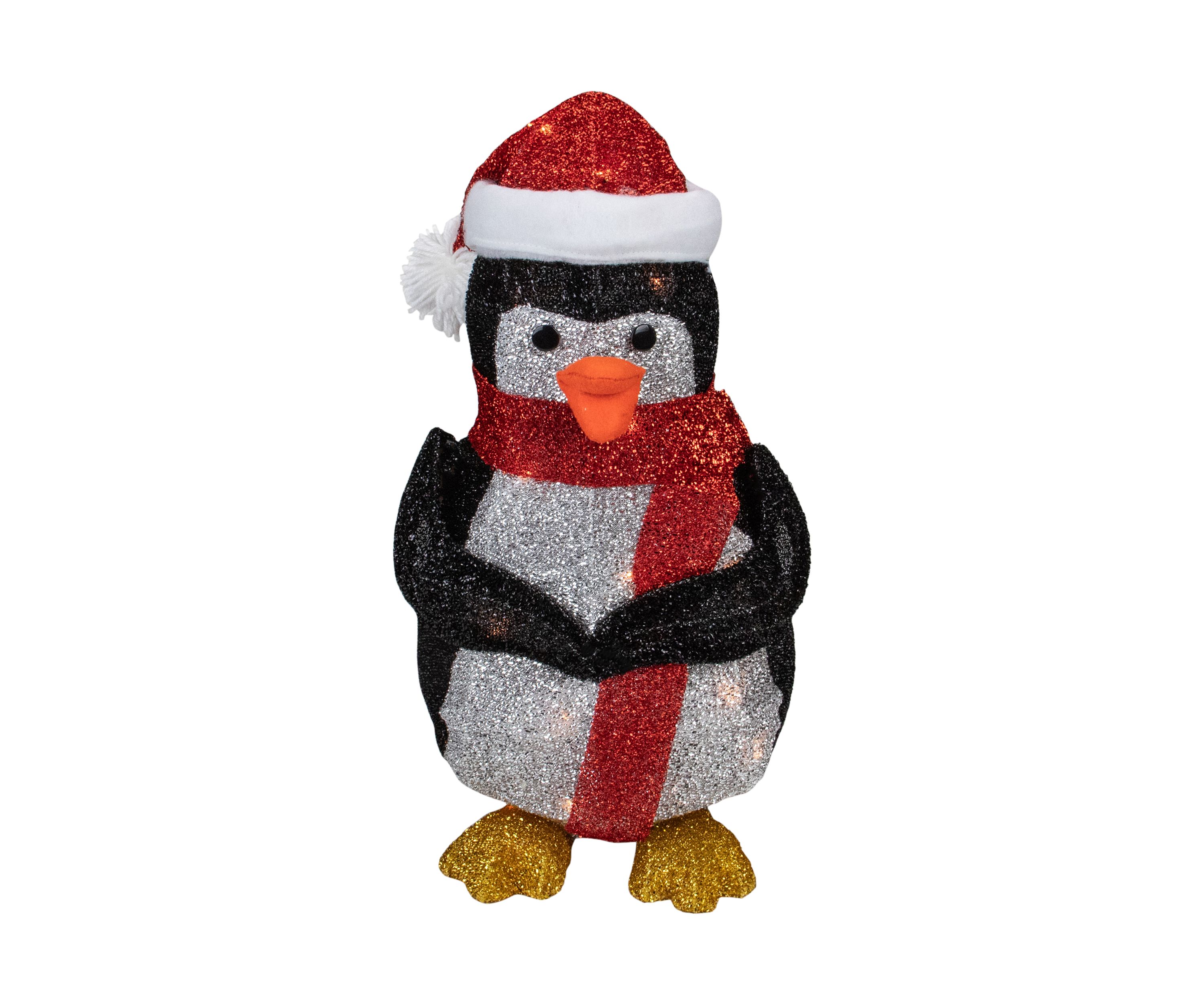 19.5Inch White and Red Lighted Penguin with Santa Hat Outdoor Christmas Decoration