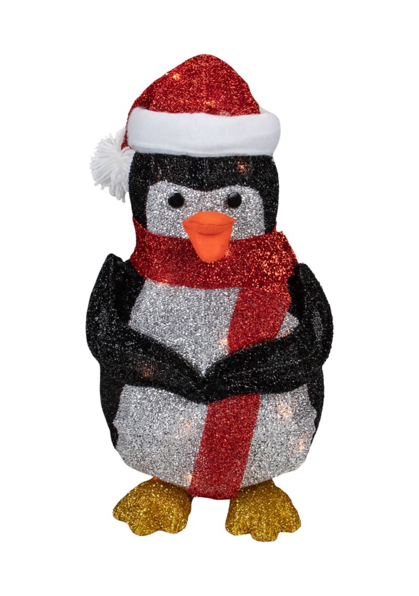 19.5Inch White and Red Lighted Penguin with Santa Hat Outdoor Christmas Decoration