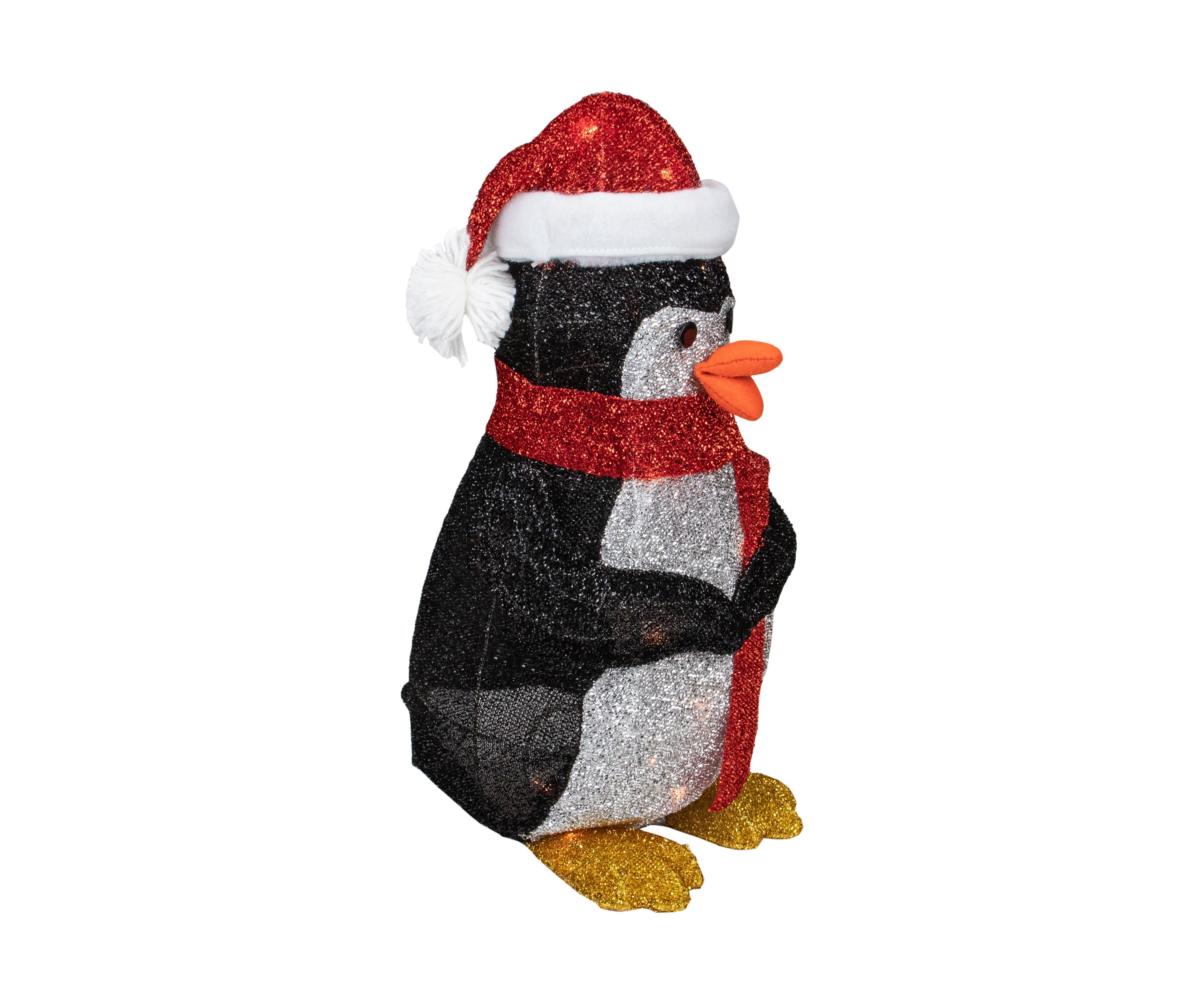 19.5Inch White and Red Lighted Penguin with Santa Hat Outdoor Christmas Decoration