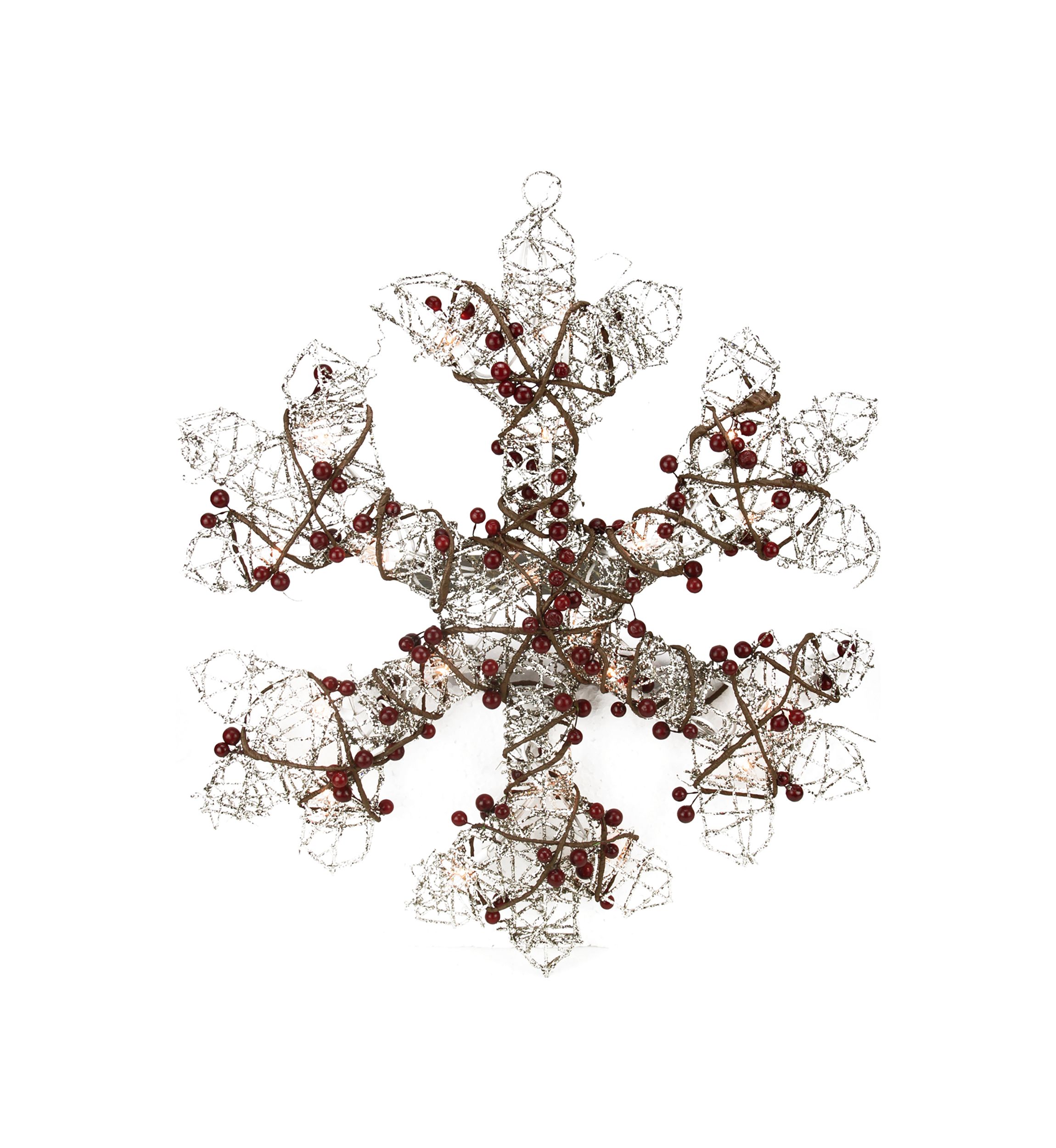 19Inch Lighted Silver Glittered Berry Rattan Snowflake Christmas Window Decoration