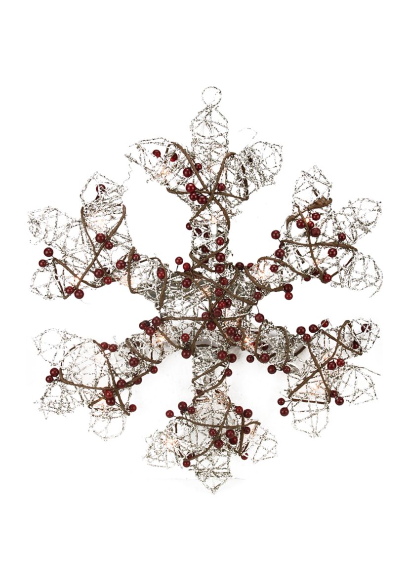 19Inch Lighted Silver Glittered Berry Rattan Snowflake Christmas Window Decoration