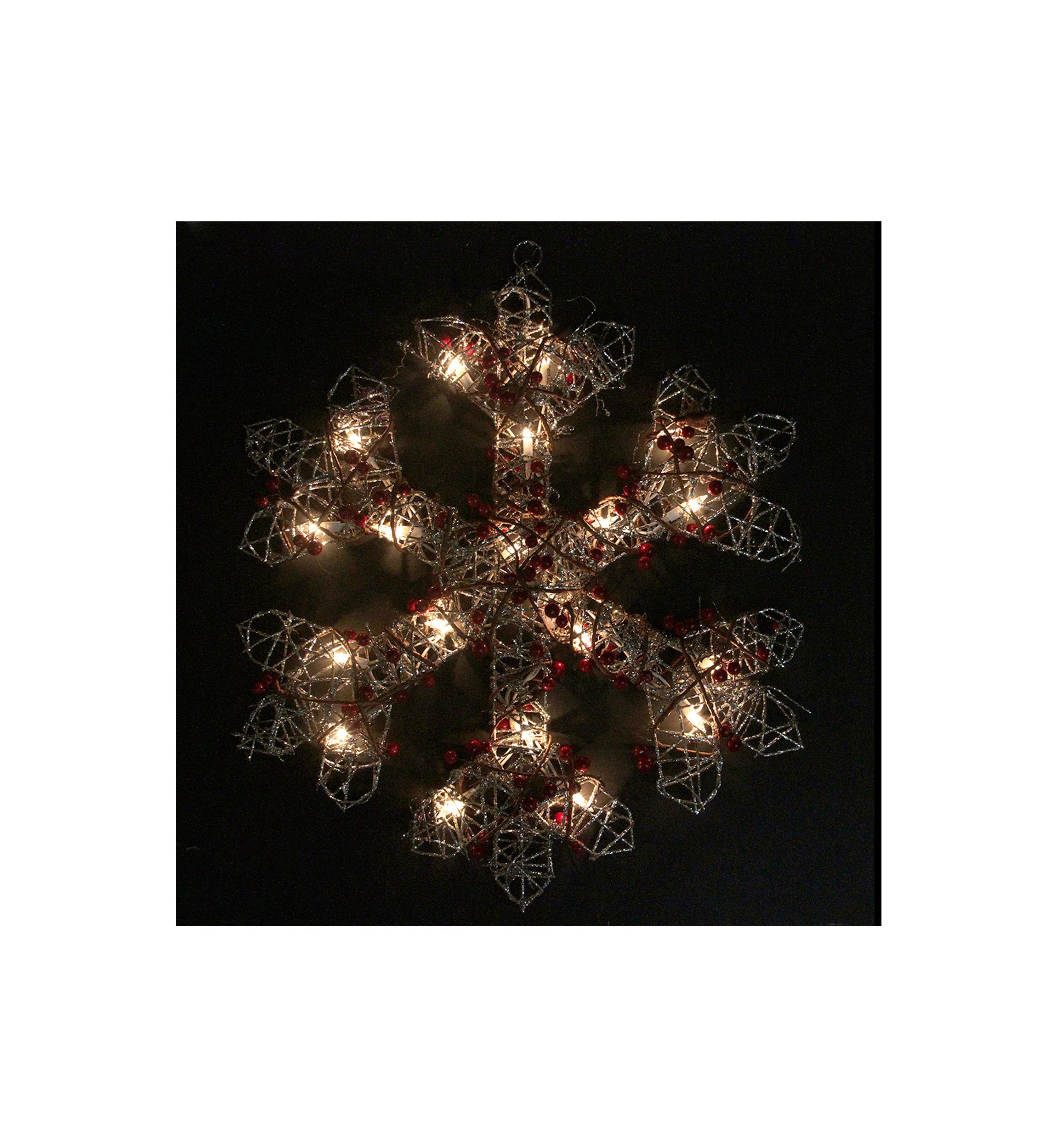 19Inch Lighted Silver Glittered Berry Rattan Snowflake Christmas Window Decoration