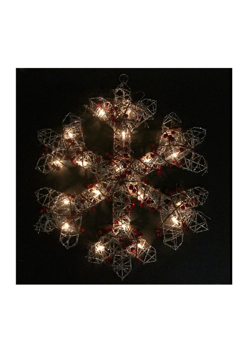 19Inch Lighted Silver Glittered Berry Rattan Snowflake Christmas Window Decoration