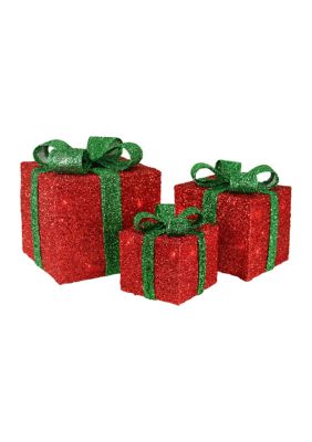 Northlight Set of 3 Lighted Red and Green Tinsel Gift Boxes with Bows Christmas Outdoor Decorations 10Inch -  0009312888627