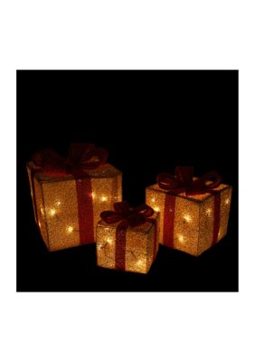 Set of 3 Gold and Red Gift Boxes with Bows Lighted Christmas Outdoor Decorations