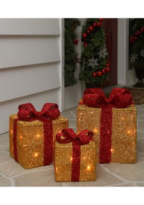 Set of 3 Gold and Red Gift Boxes with Bows Lighted Christmas Outdoor Decorations