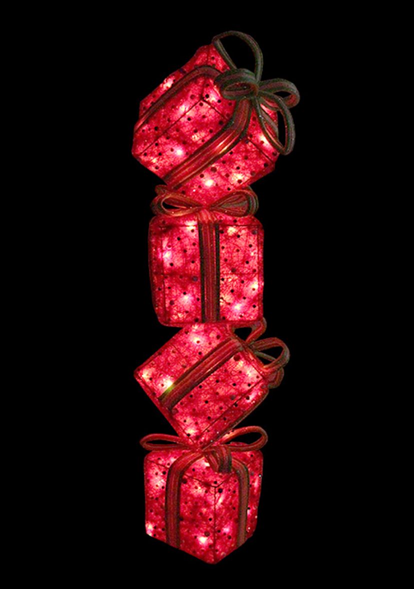 34Inch Red and Green Lighted Candy Stacked Gift Boxes Tower Outdoor Christmas Decoration