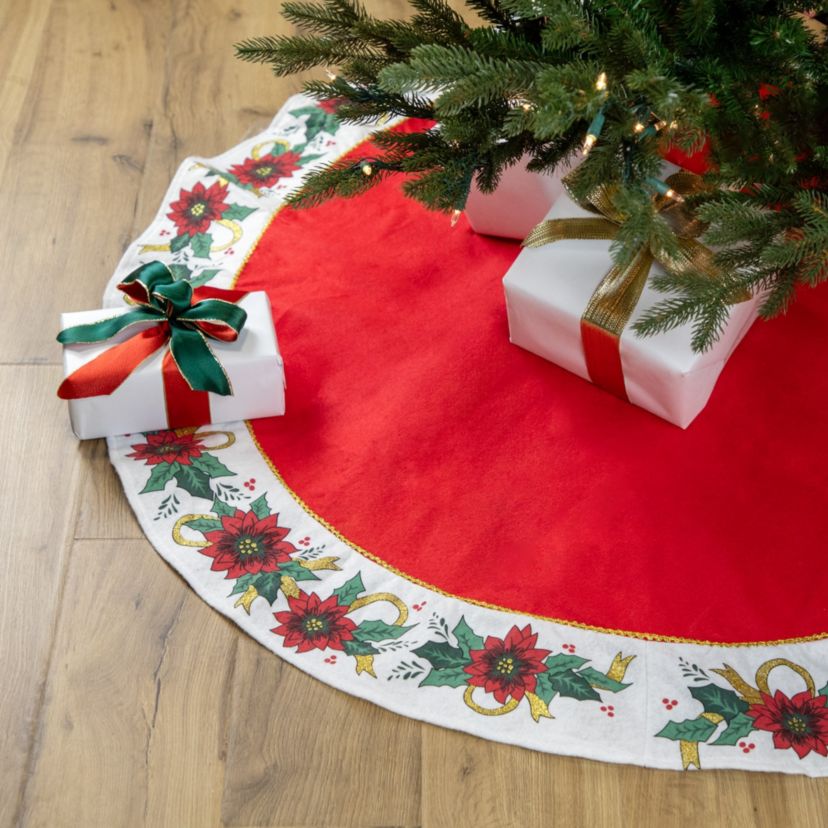 48inch Red and White Poinsettia Christmas Tree Skirt