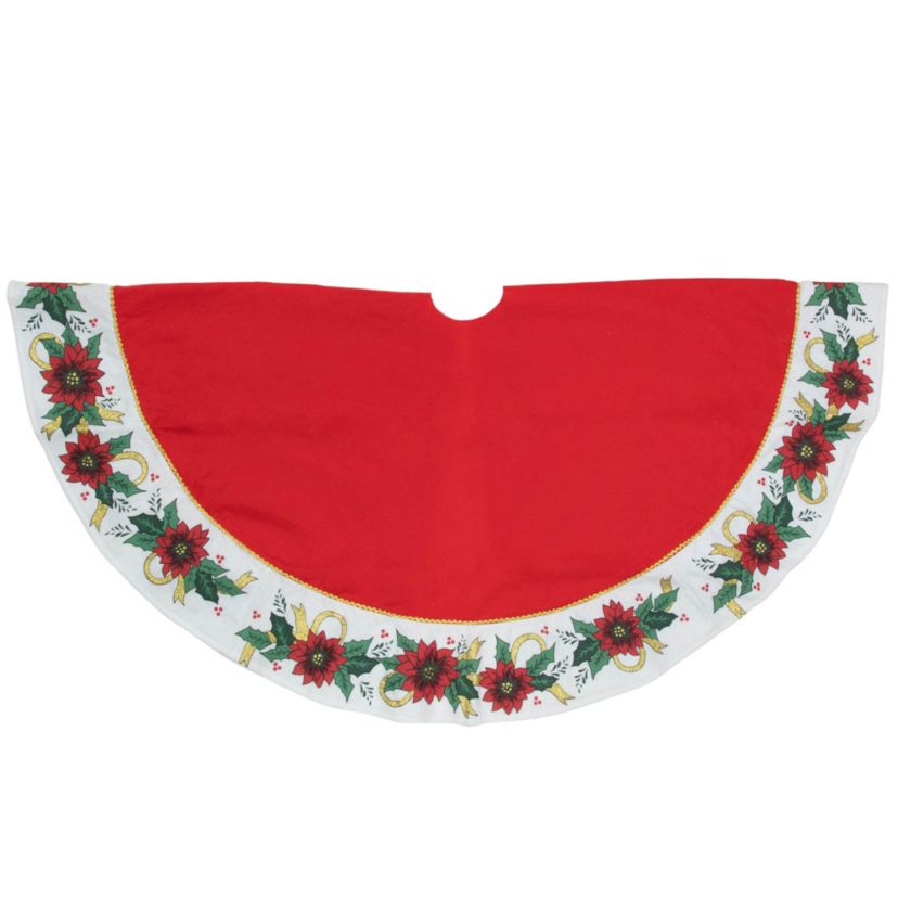 48inch Red and White Poinsettia Christmas Tree Skirt