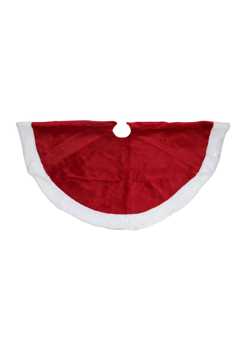 48" Red and White Velveteen Christmas Tree Skirt with White Trim