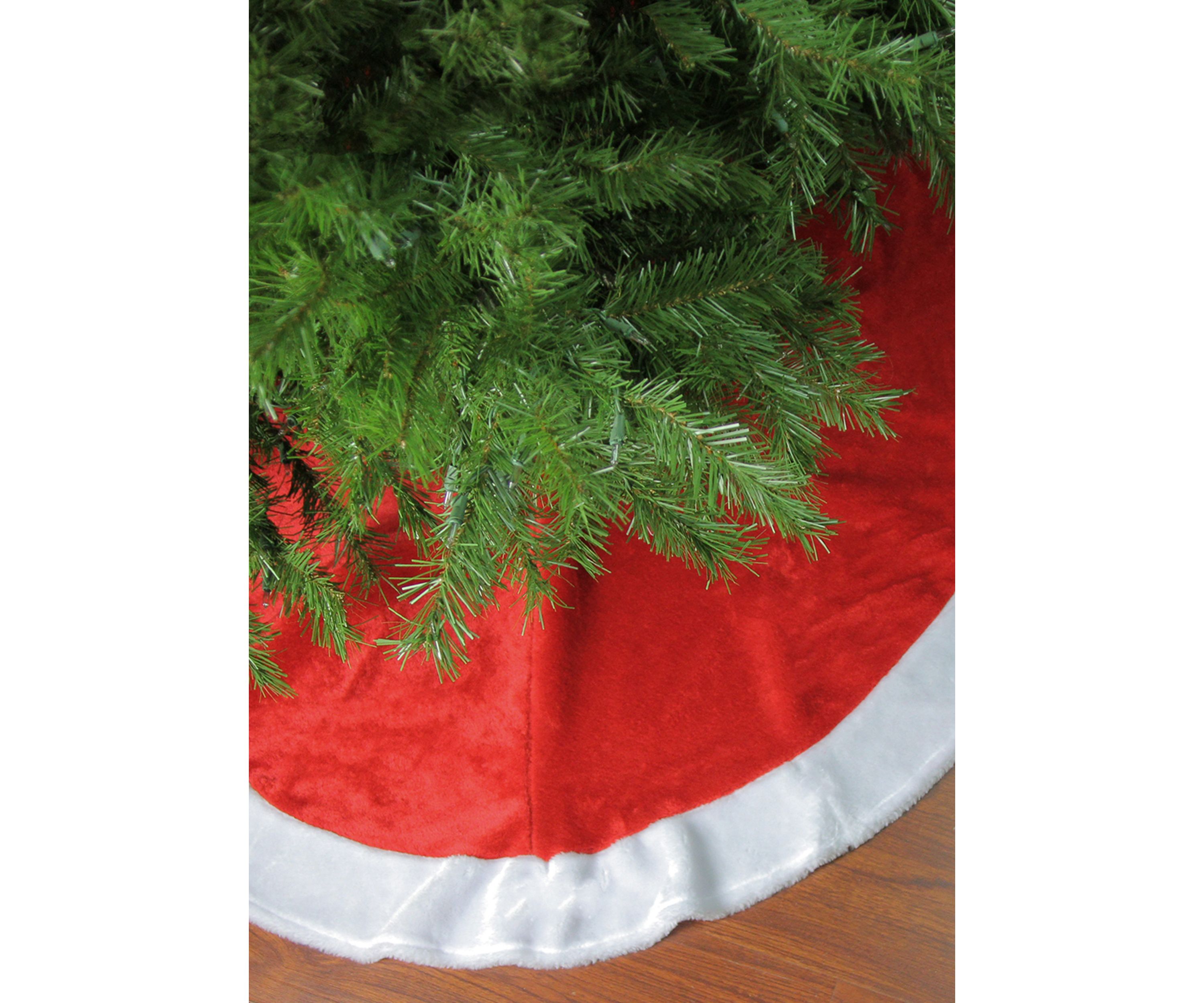 48" Red and White Velveteen Christmas Tree Skirt with White Trim