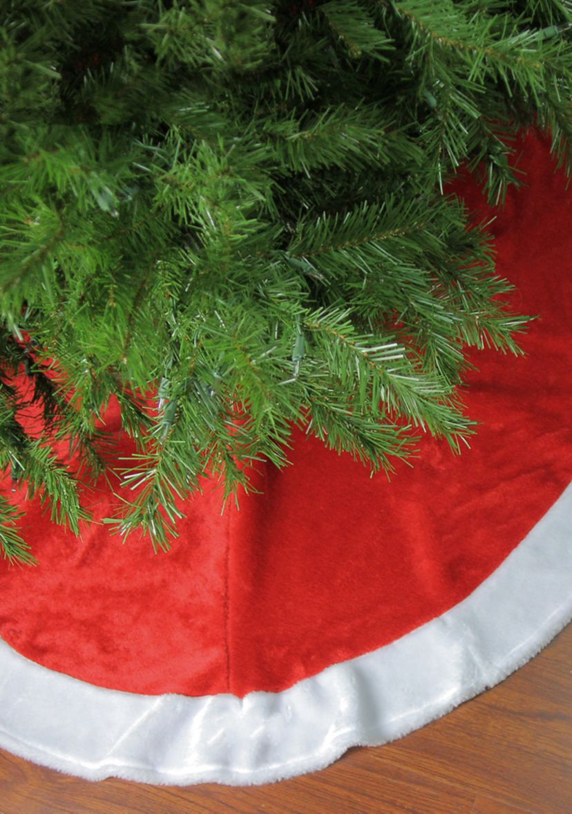 48" Red and White Velveteen Christmas Tree Skirt with White Trim