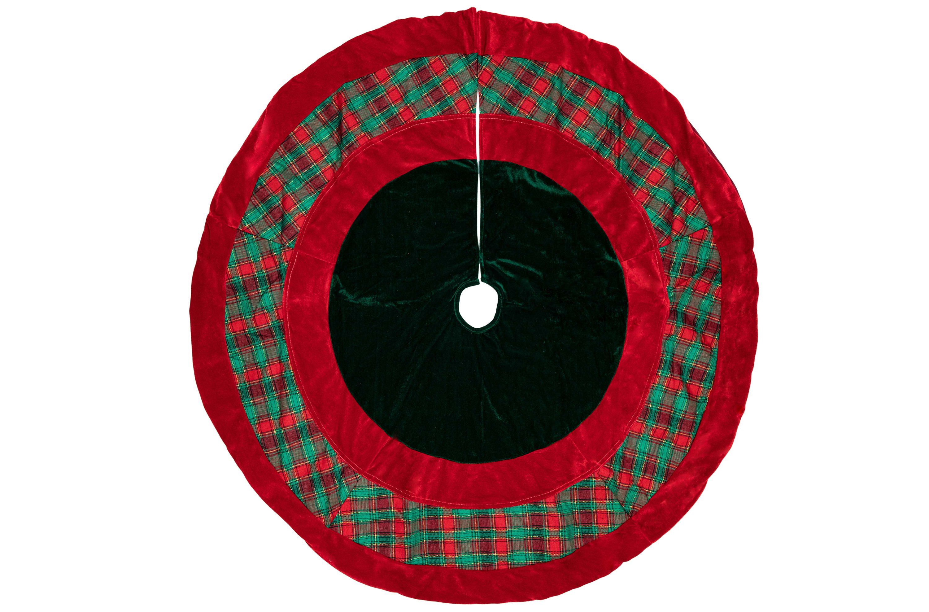 48inch Red and Green Plaid Velveteen Christmas Tree Skirt