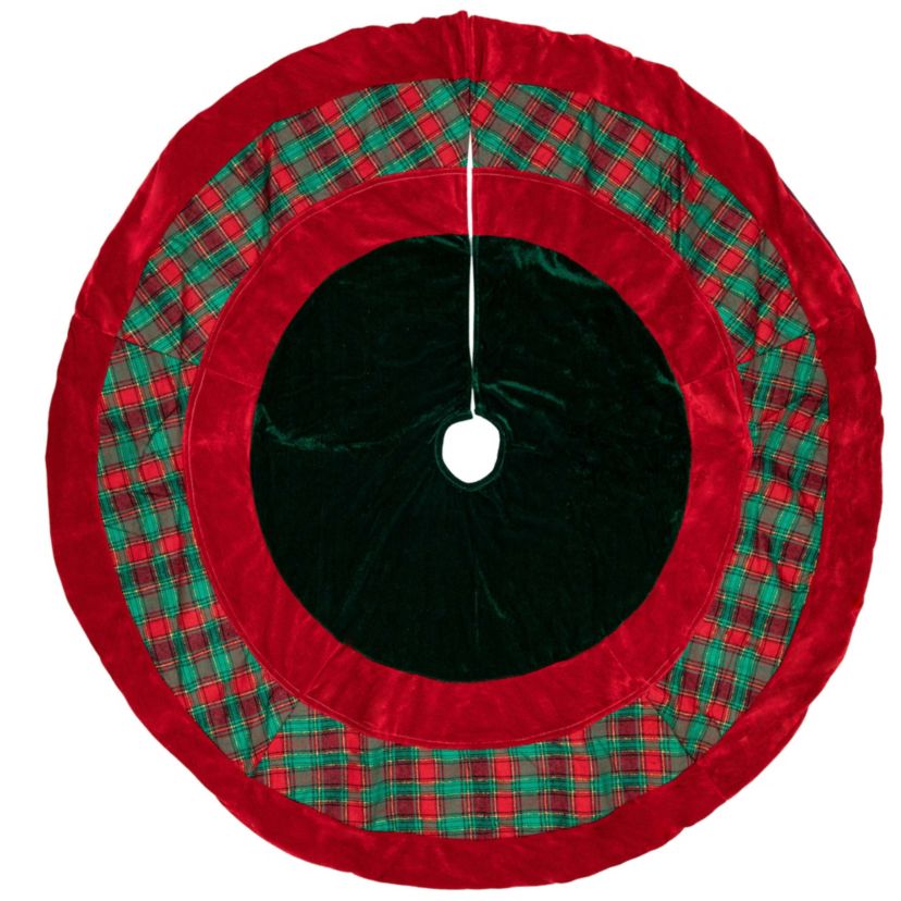 48inch Red and Green Plaid Velveteen Christmas Tree Skirt