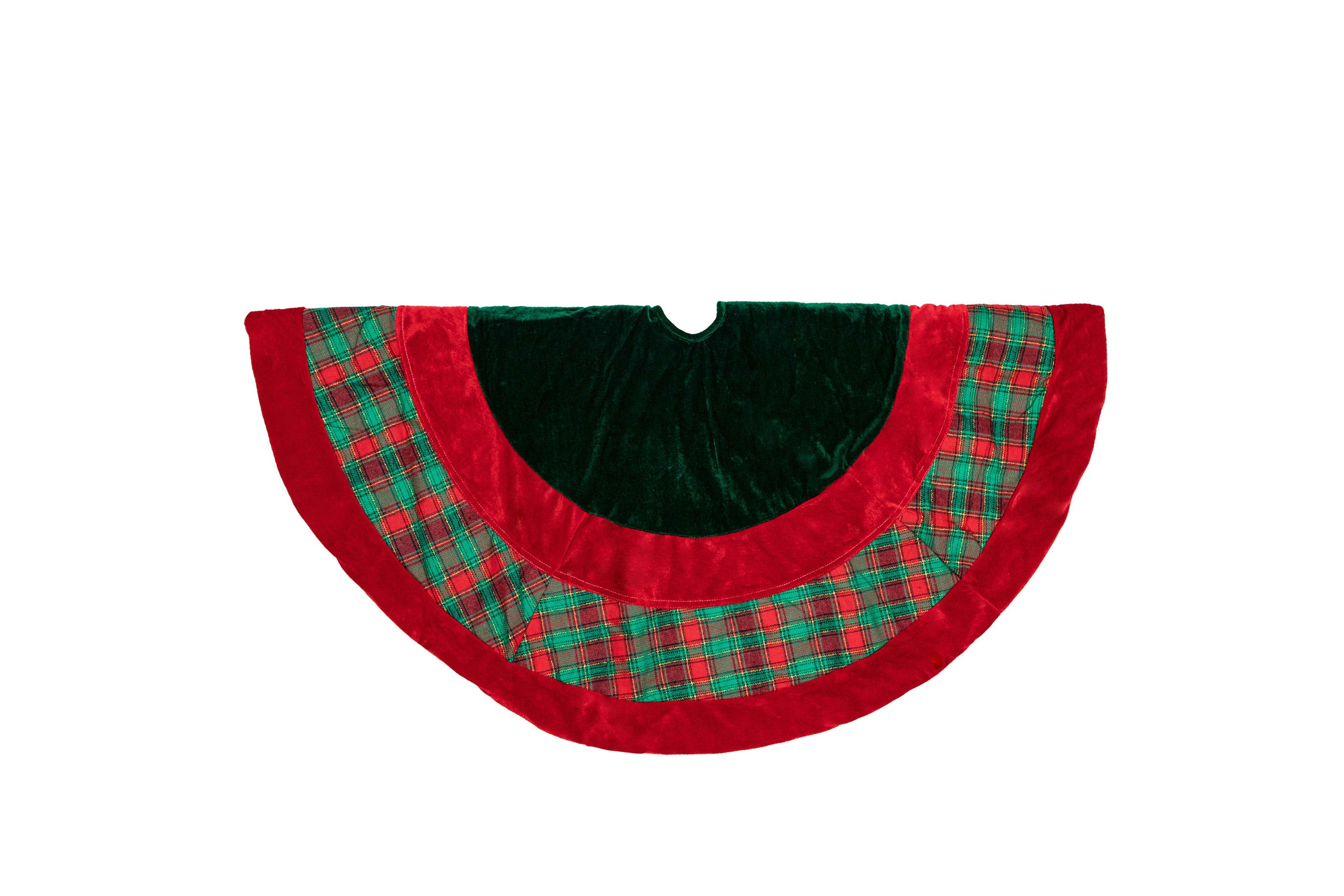 48inch Red and Green Plaid Velveteen Christmas Tree Skirt