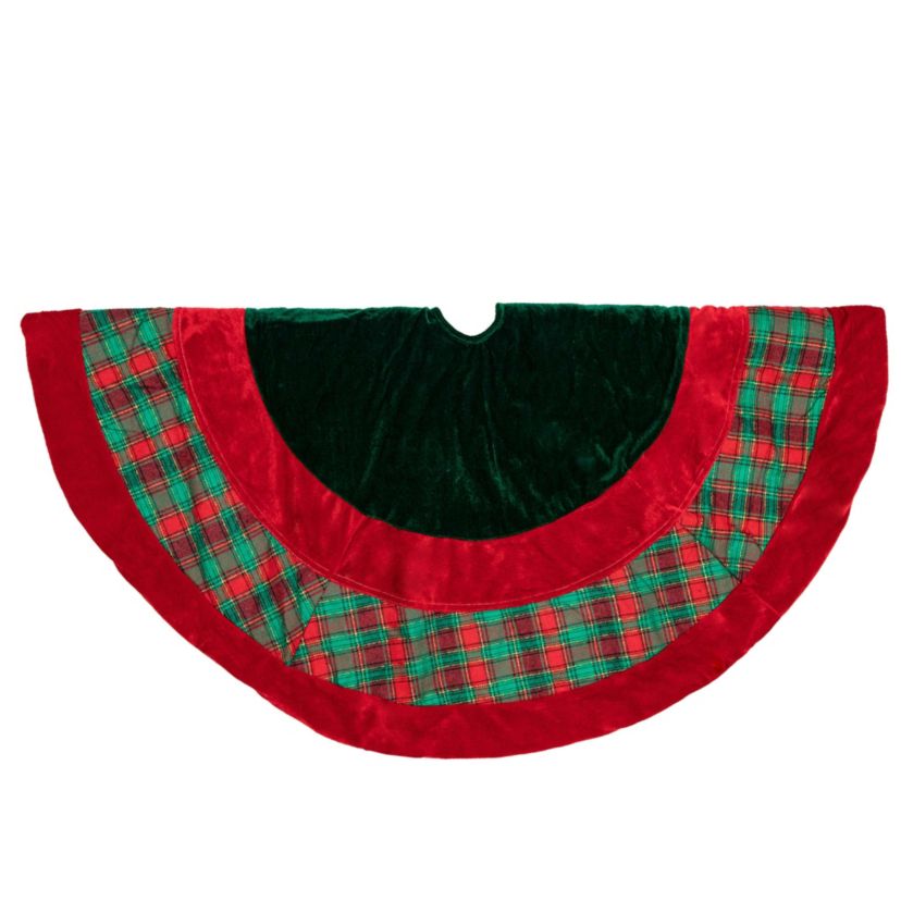 48inch Red and Green Plaid Velveteen Christmas Tree Skirt