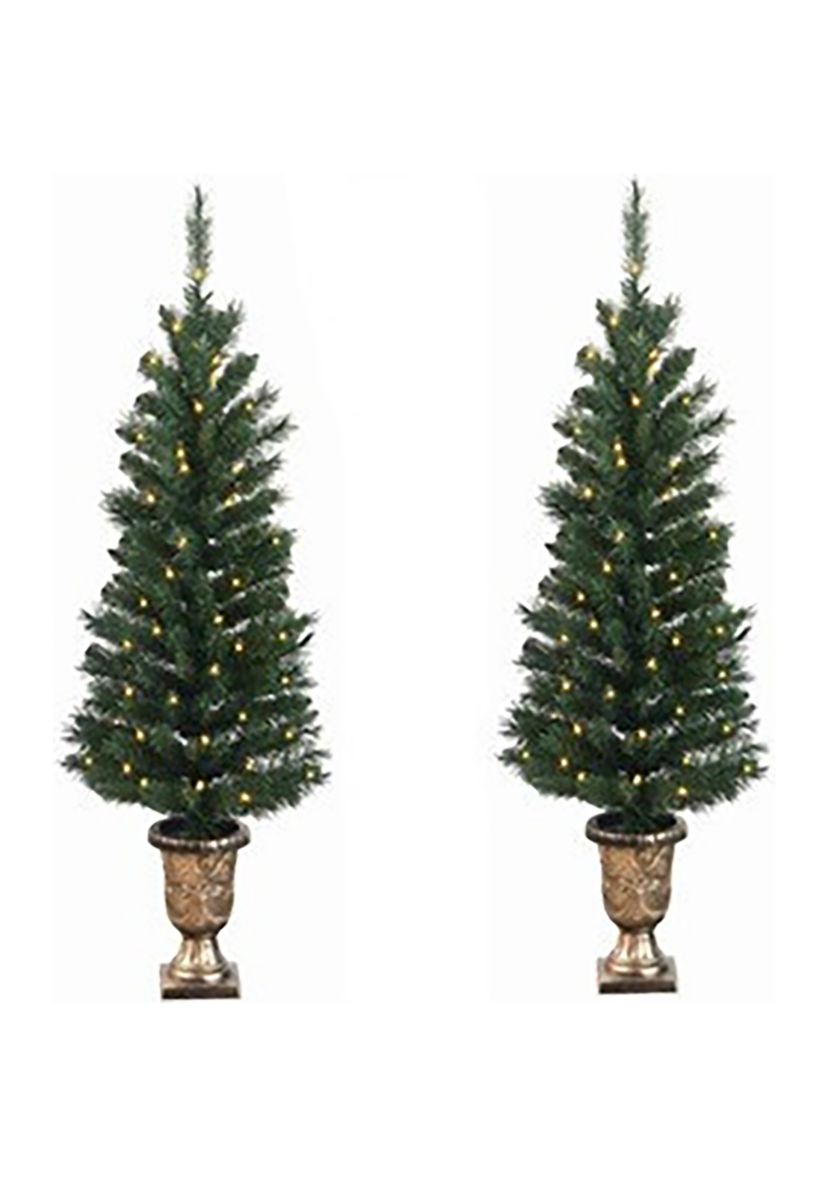 Set of 2 Pre-Lit Potted Porch Pine Topiary Slim Artificial Christmas Trees 4 - Clear Lights