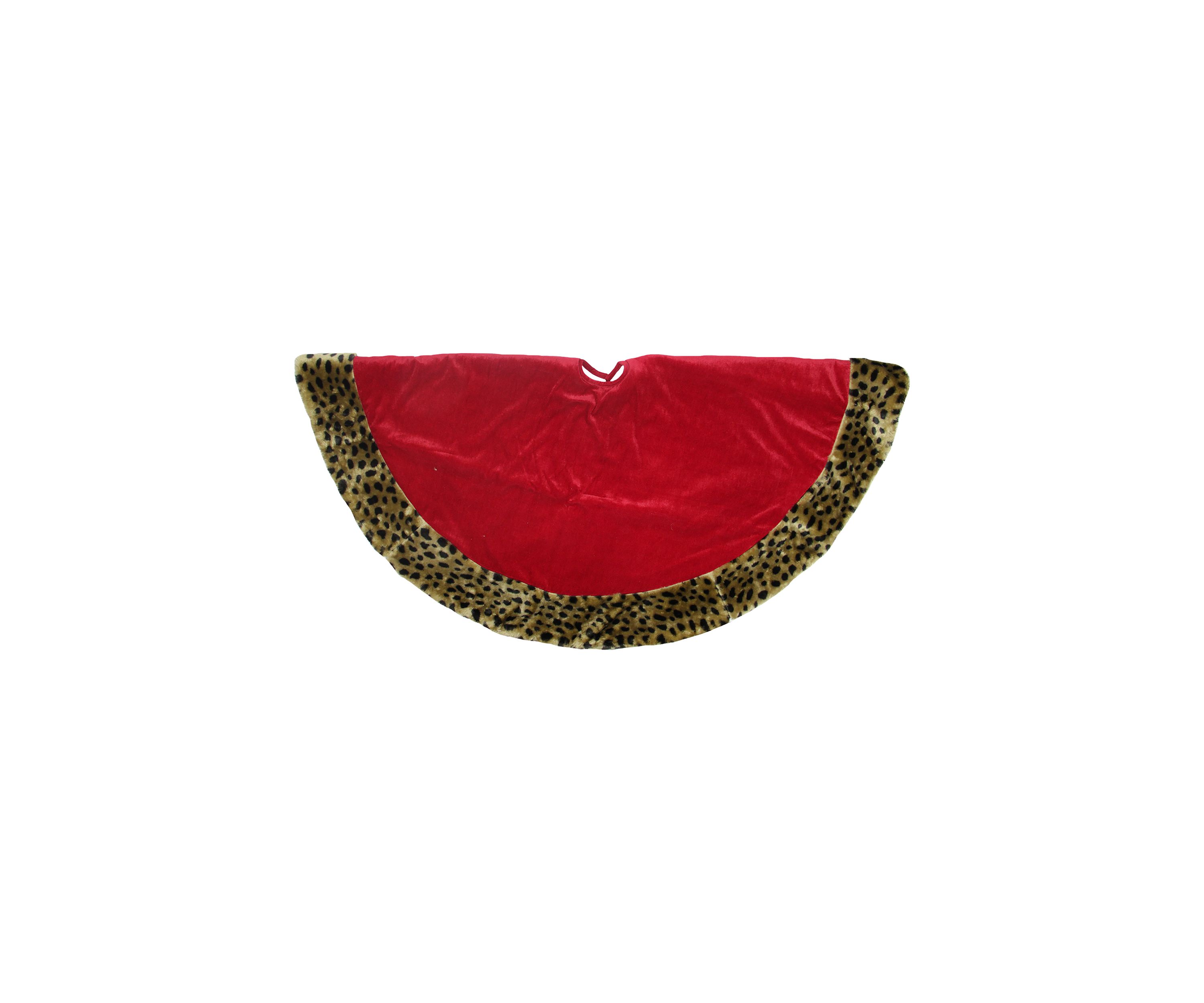 48Inch Red and Brown Velveteen with Cheetah Print Border Christmas Tree Skirt