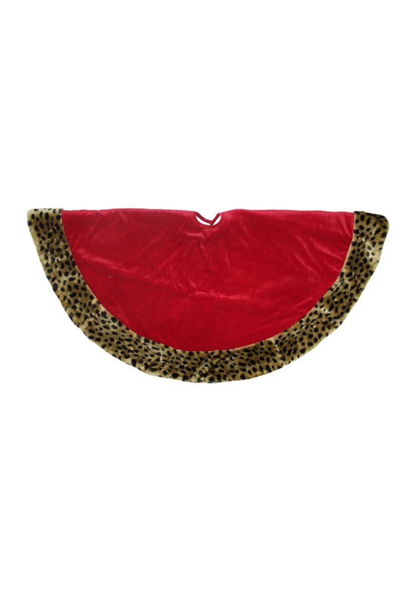 48Inch Red and Brown Velveteen with Cheetah Print Border Christmas Tree Skirt