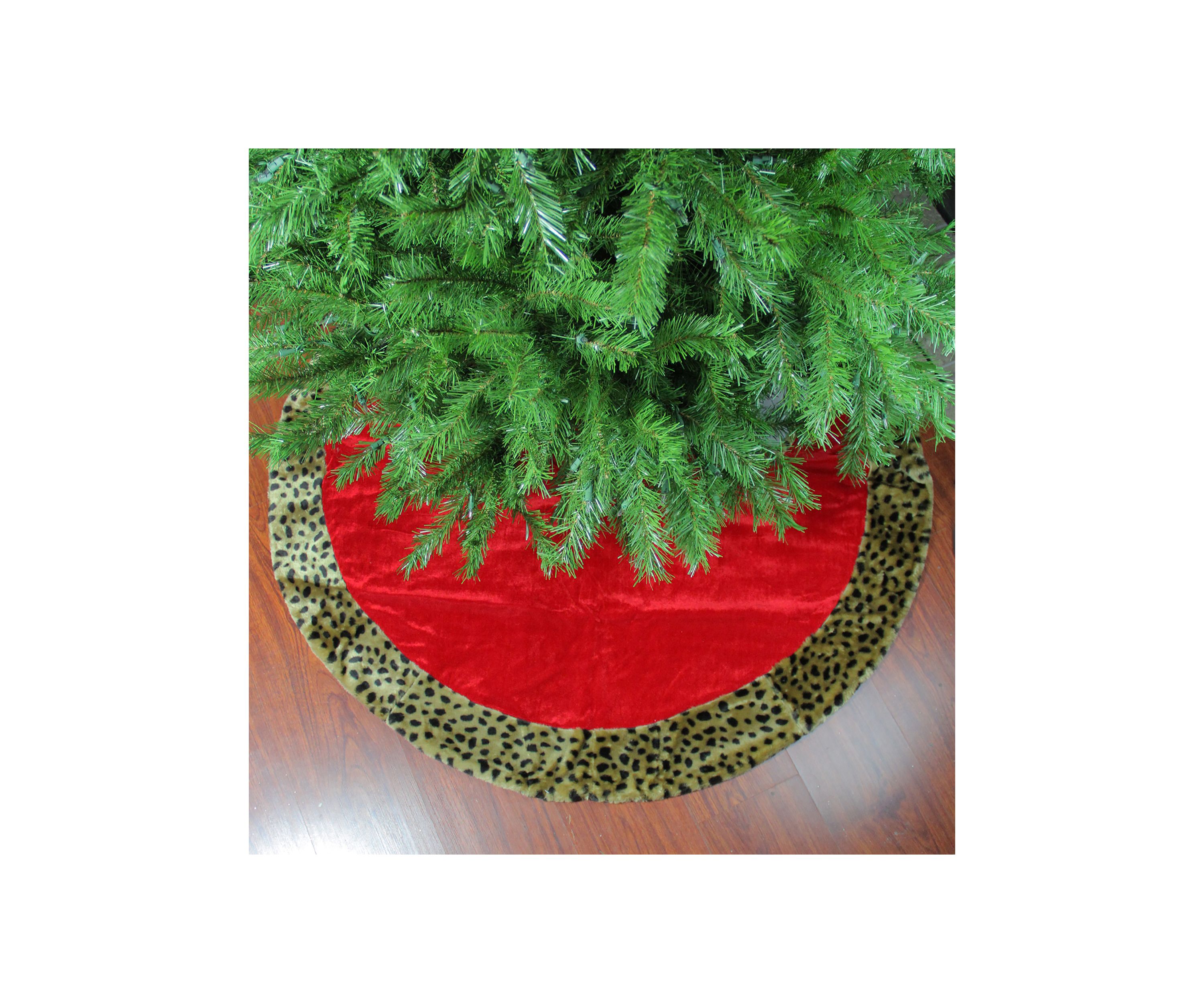 48Inch Red and Brown Velveteen with Cheetah Print Border Christmas Tree Skirt