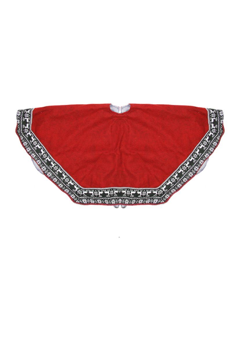 50Inch Red Heptagon with Gray and White Snowflakes & Reindeer Knit Border Christmas Tree Skirt