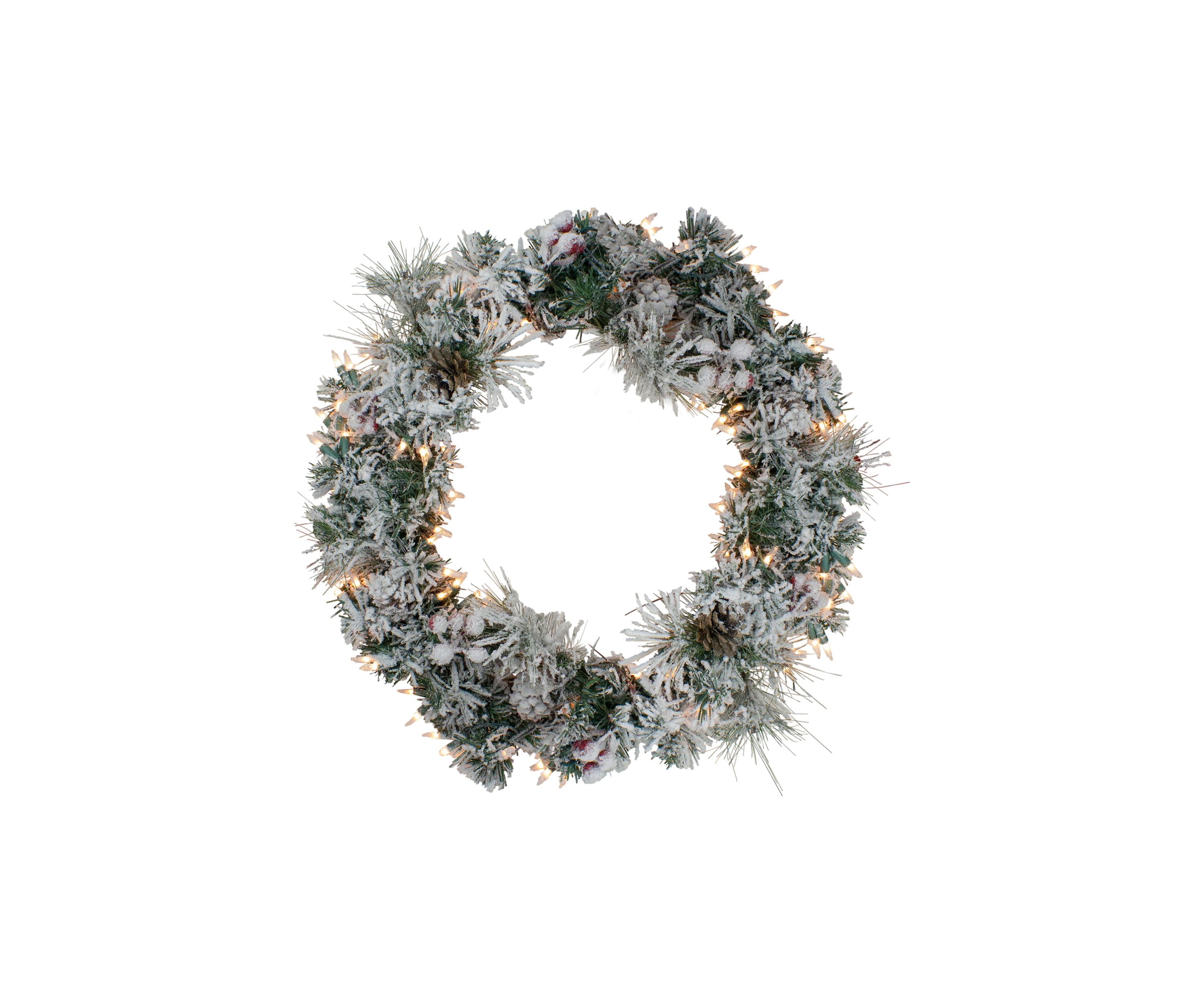 Pre-lit Heavily Flocked Berries and Pine Cones Artificial Christmas Wreath - 24-Inch  Clear Lights