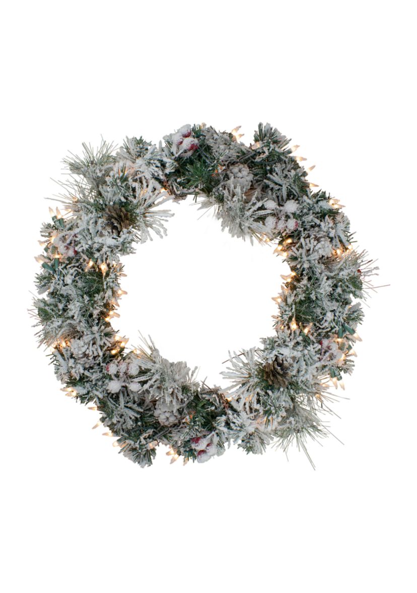 Pre-lit Heavily Flocked Berries and Pine Cones Artificial Christmas Wreath - 24-Inch  Clear Lights