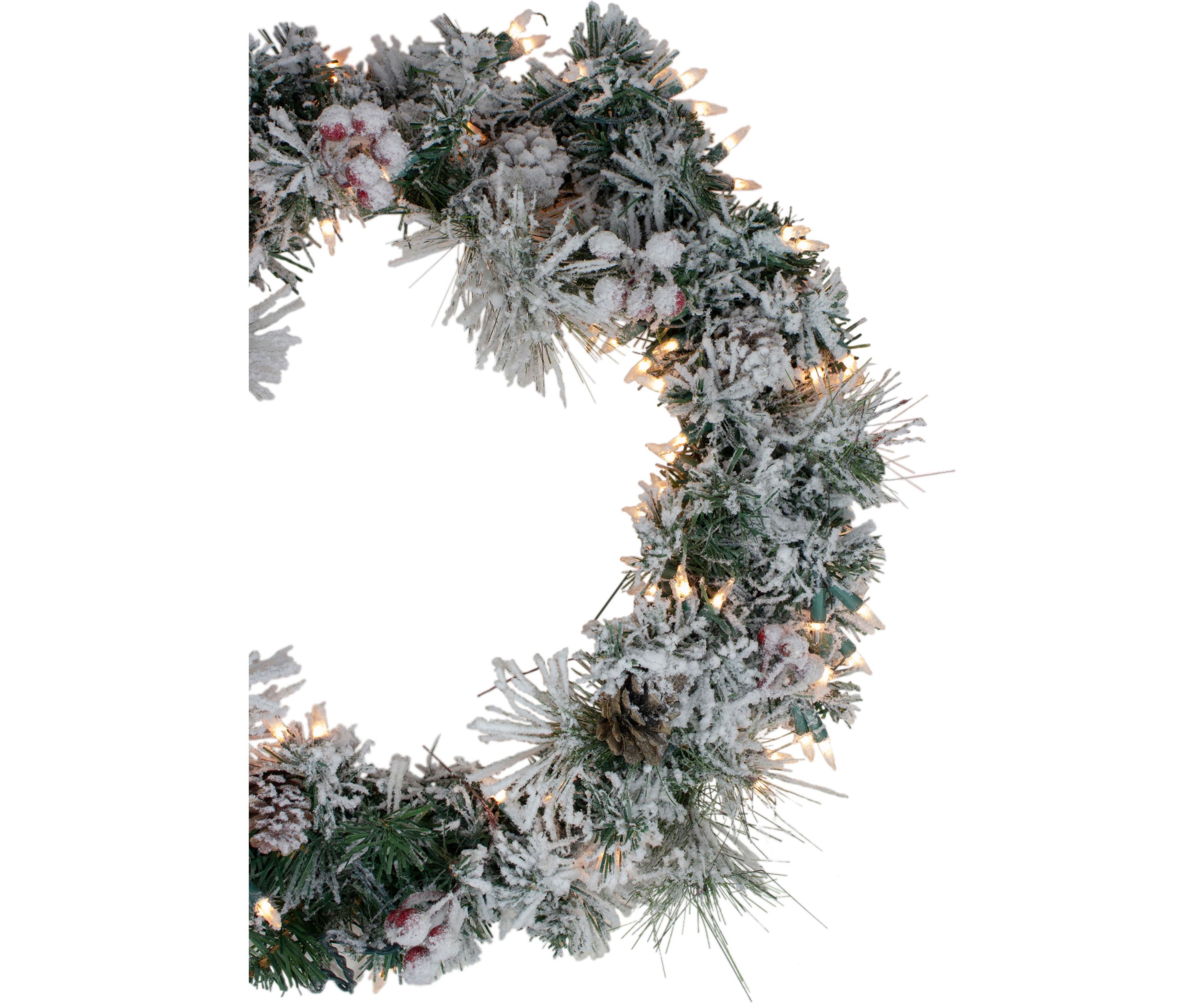 Pre-lit Heavily Flocked Berries and Pine Cones Artificial Christmas Wreath - 24-Inch  Clear Lights