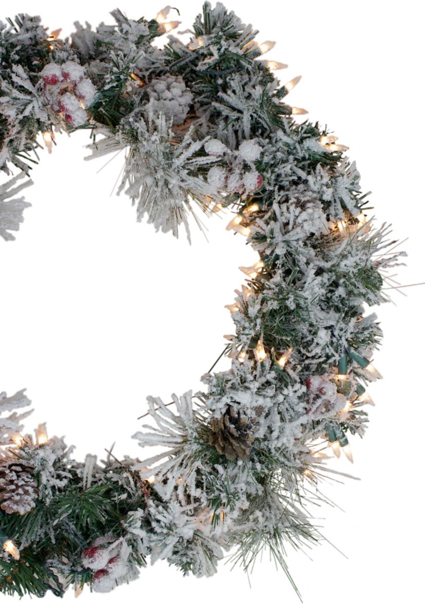 Pre-lit Heavily Flocked Berries and Pine Cones Artificial Christmas Wreath - 24-Inch  Clear Lights