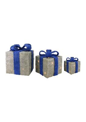 Northlight Set of 3 Silver and Blue Lighted Gift Boxes Outdoor Christmas Yard Decor -  0191296069885