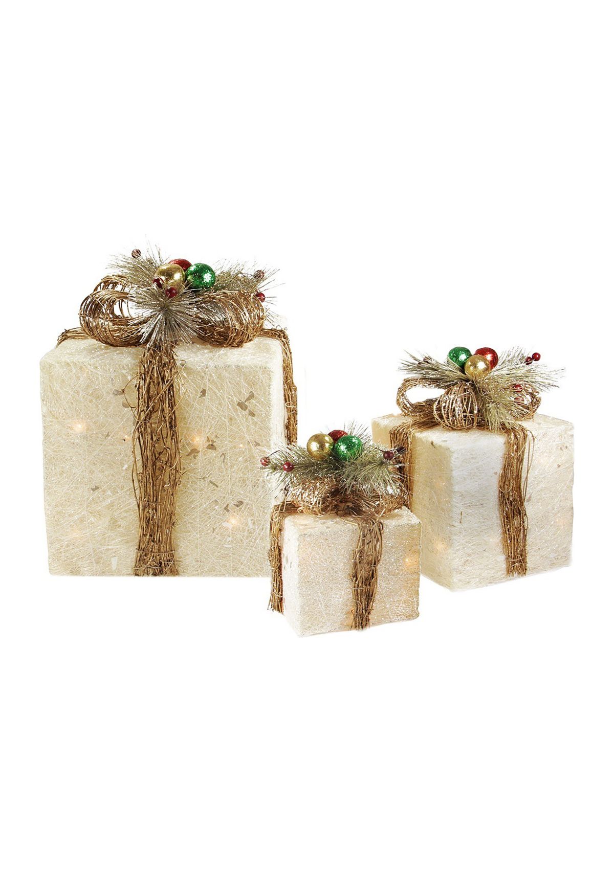 Set of 3 Cream Gift Boxes with Twine Bows Lighted Outdoor Christmas Yard Art Decor 10Inch