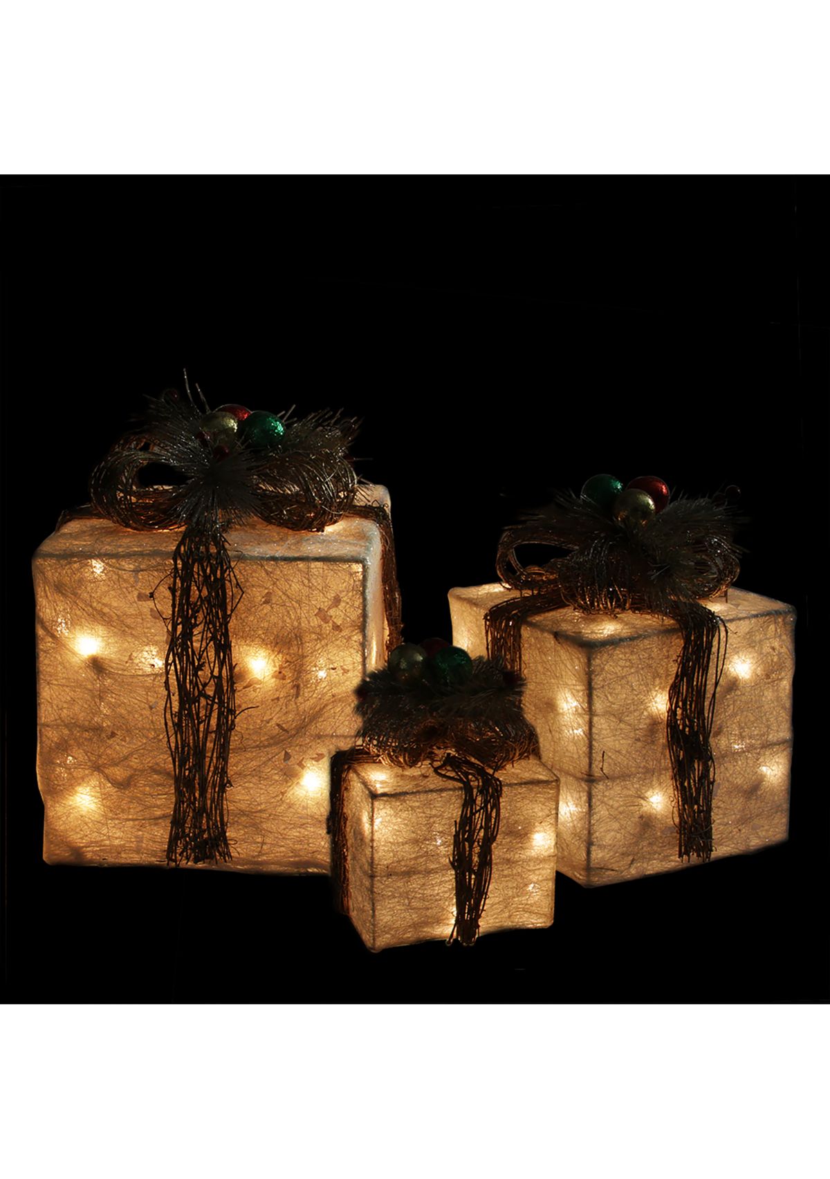 Set of 3 Cream Gift Boxes with Twine Bows Lighted Outdoor Christmas Yard Art Decor 10Inch