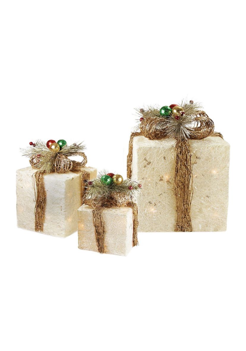 Set of 3 Cream Gift Boxes with Twine Bows Lighted Outdoor Christmas Yard Art Decor 10Inch