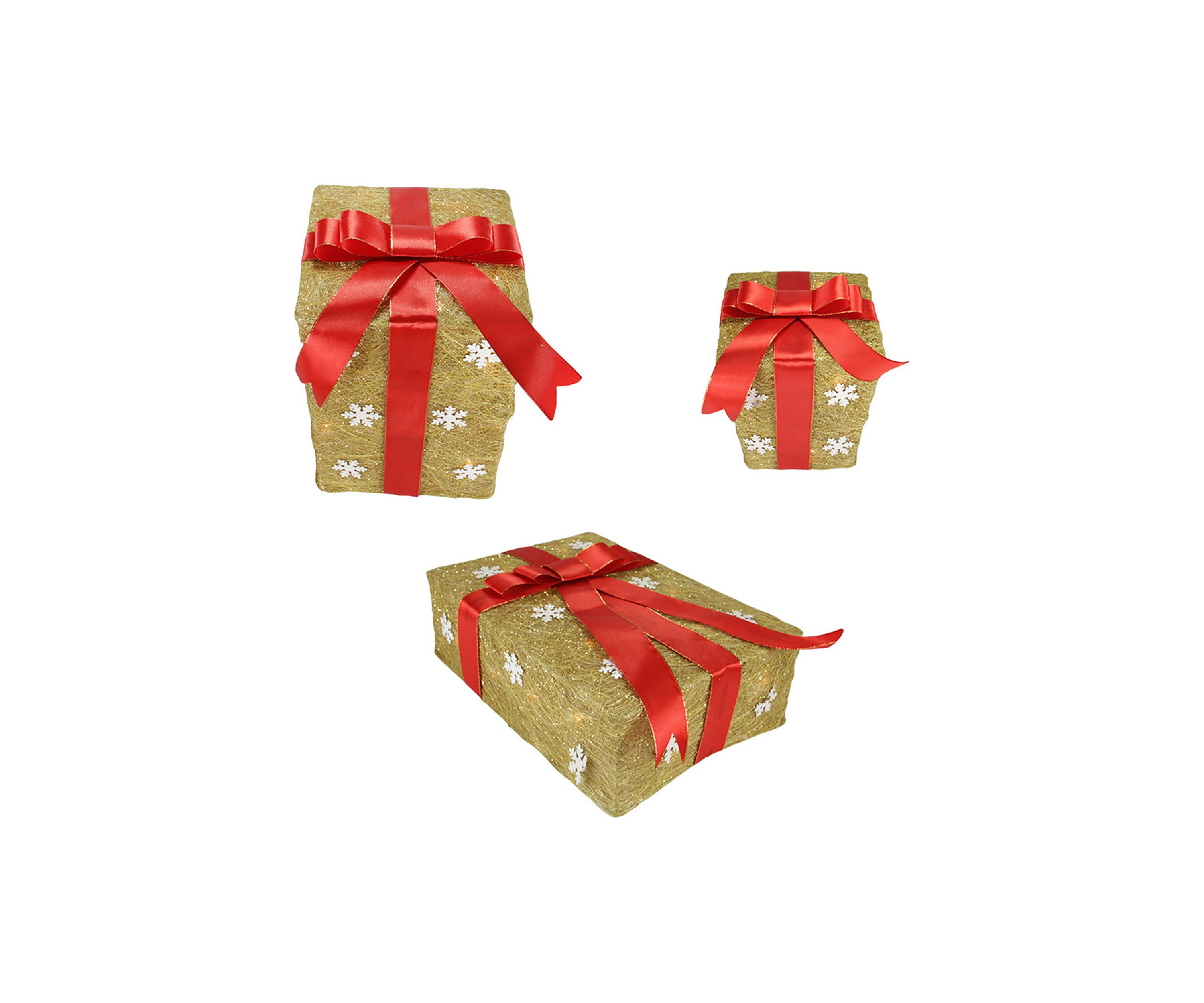 Set of 3 Pre-Lit Gold and Red Snowflake Gift Box Outdoor Christmas Yard Art Decor 13Inch