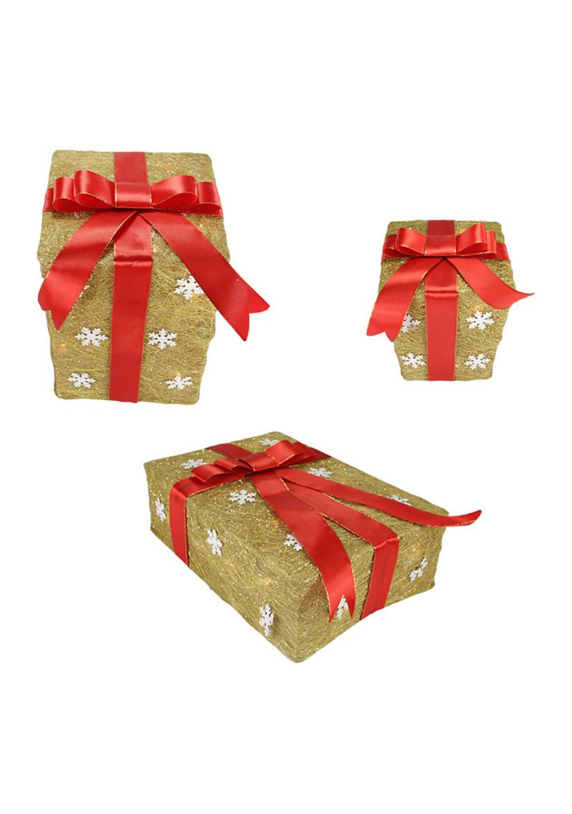 Set of 3 Pre-Lit Gold and Red Snowflake Gift Box Outdoor Christmas Yard Art Decor 13Inch
