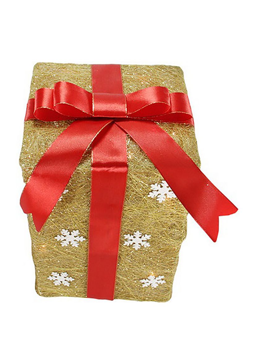 Set of 3 Pre-Lit Gold and Red Snowflake Gift Box Outdoor Christmas Yard Art Decor 13Inch