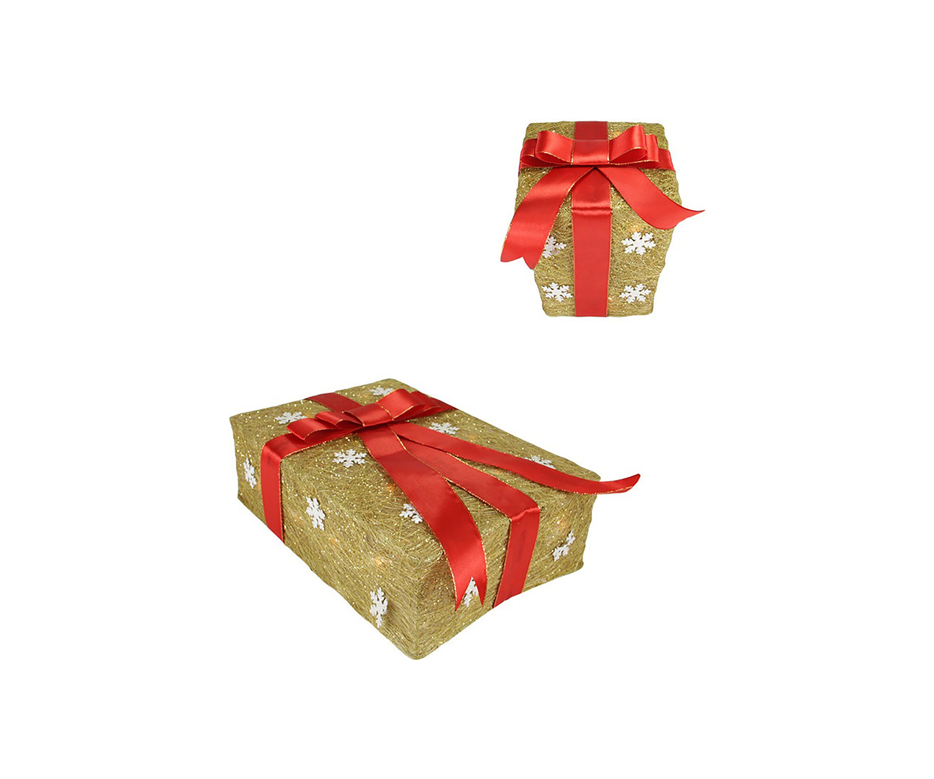 Set of 3 Pre-Lit Gold and Red Snowflake Gift Box Outdoor Christmas Yard Art Decor 13Inch