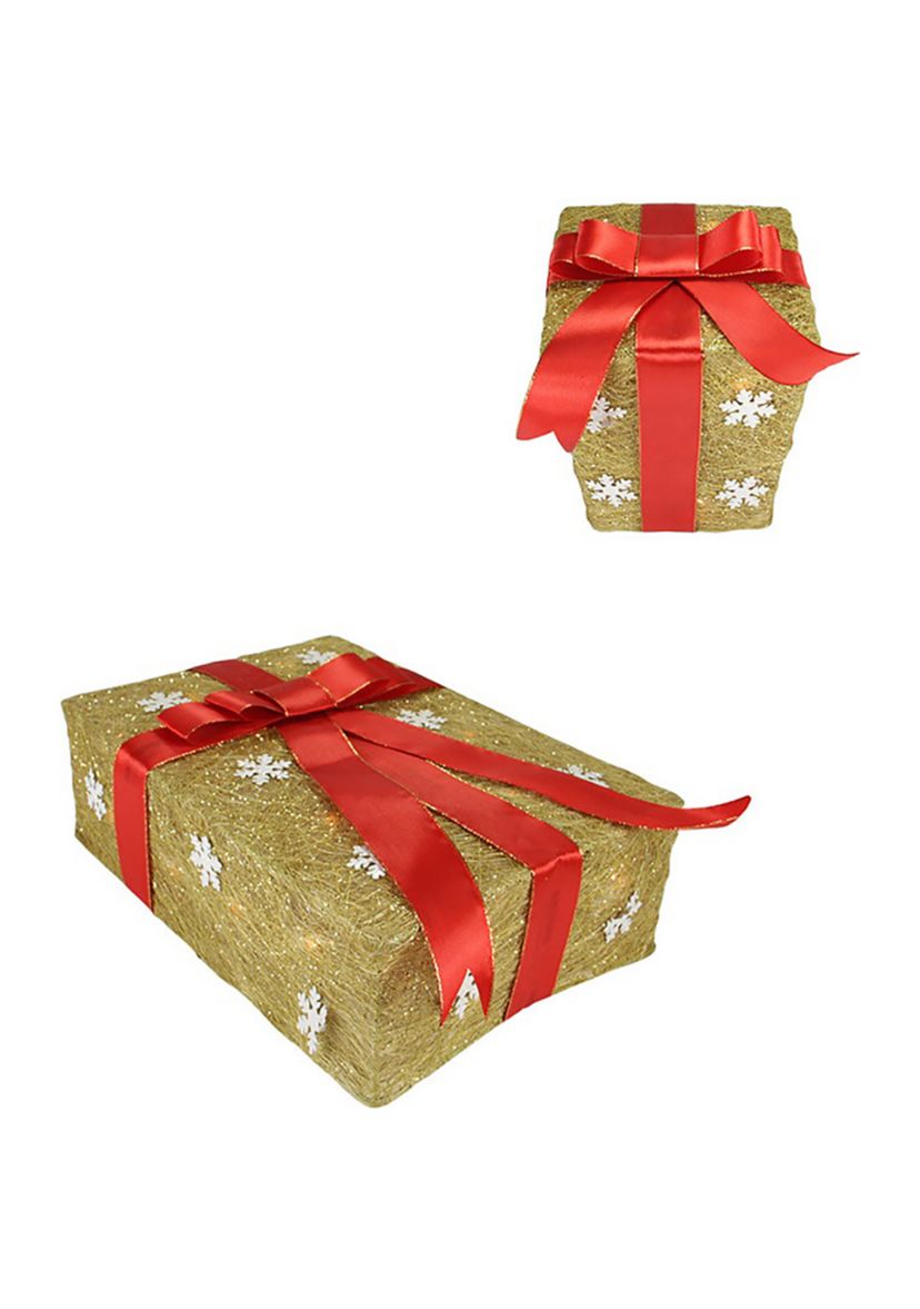 Set of 3 Pre-Lit Gold and Red Snowflake Gift Box Outdoor Christmas Yard Art Decor 13Inch