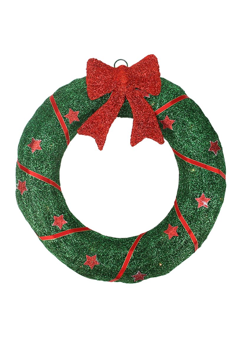 18" Lighted Sisal Wreath with Stars and Bow Christmas Outdoor Decoration
