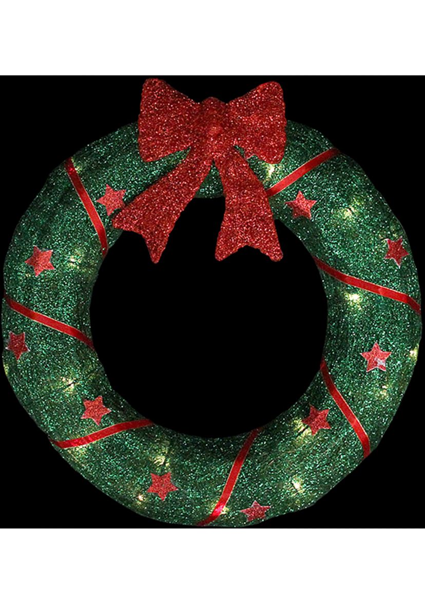 18" Lighted Sisal Wreath with Stars and Bow Christmas Outdoor Decoration